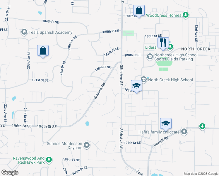 map of restaurants, bars, coffee shops, grocery stores, and more near 19116 34th Drive Southeast in Bothell