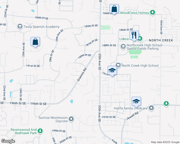 map of restaurants, bars, coffee shops, grocery stores, and more near 19116 34th Drive Southeast in Bothell