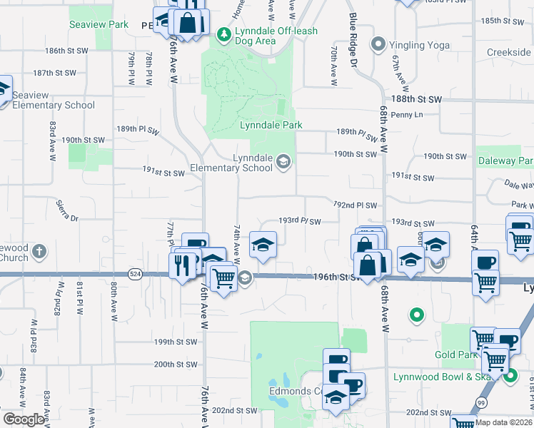 map of restaurants, bars, coffee shops, grocery stores, and more near 7318 192nd Place Southwest in Lynnwood