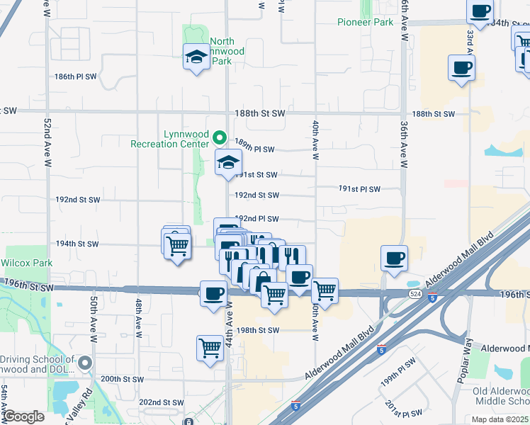 map of restaurants, bars, coffee shops, grocery stores, and more near 4206 192nd Street Southwest in Lynnwood
