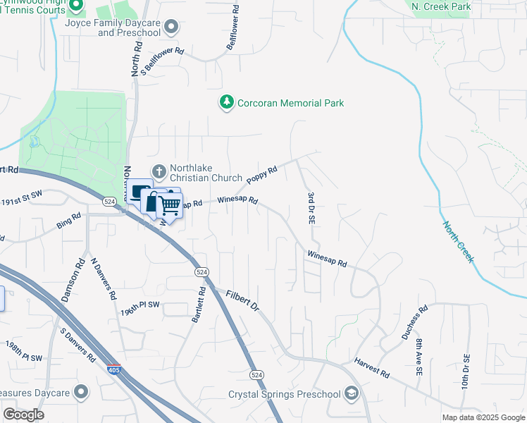 map of restaurants, bars, coffee shops, grocery stores, and more near 28 Winesap Road in Bothell
