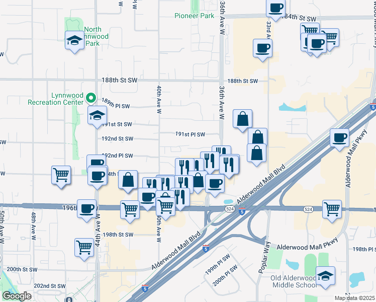 map of restaurants, bars, coffee shops, grocery stores, and more near 3727 192nd Street Southwest in Lynnwood
