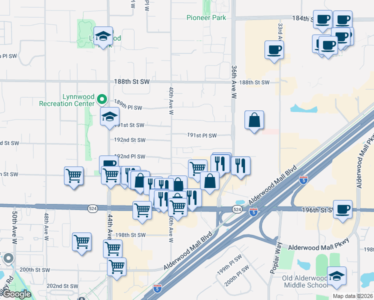 map of restaurants, bars, coffee shops, grocery stores, and more near 19203 40th Avenue West in Lynnwood
