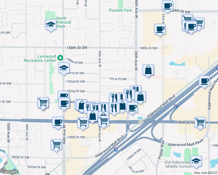 map of restaurants, bars, coffee shops, grocery stores, and more near 19203 40th Avenue West in Lynnwood