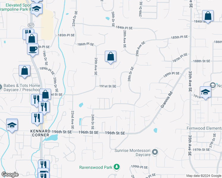 map of restaurants, bars, coffee shops, grocery stores, and more near 2612 191st Street Southeast in Bothell