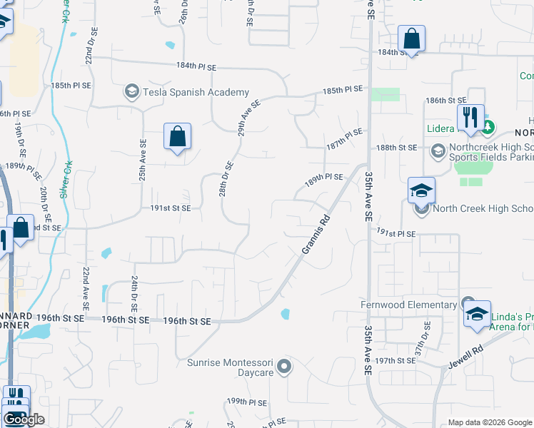 map of restaurants, bars, coffee shops, grocery stores, and more near 19117 30th Drive Southeast in Bothell