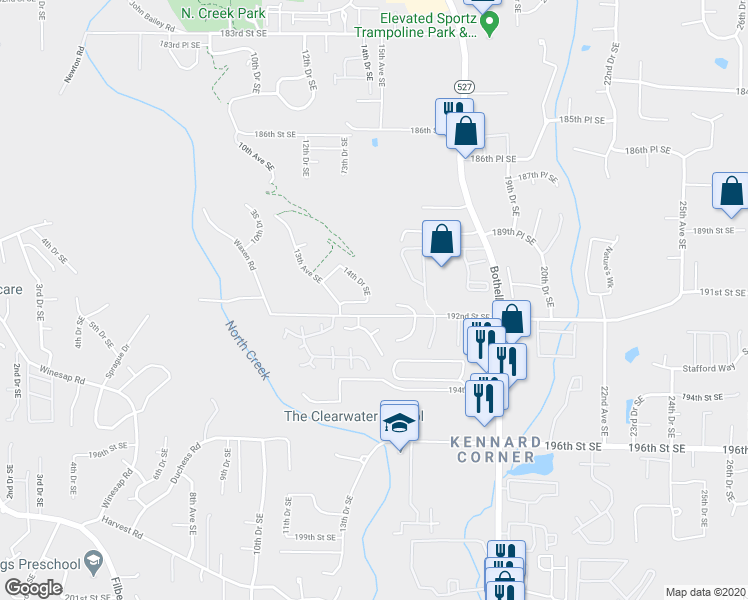 map of restaurants, bars, coffee shops, grocery stores, and more near 19125 14th Drive Southeast in Bothell