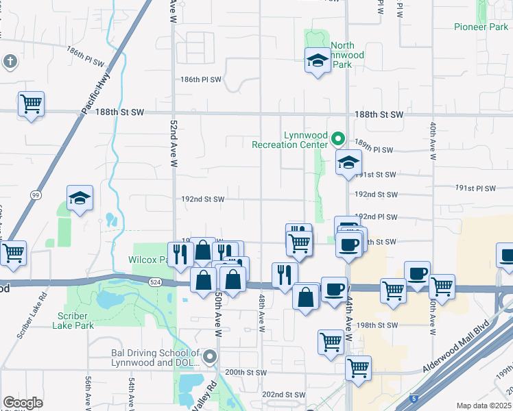 map of restaurants, bars, coffee shops, grocery stores, and more near 19208 48th Avenue West in Lynnwood