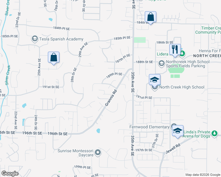 map of restaurants, bars, coffee shops, grocery stores, and more near 3310 191st Street Southeast in Bothell
