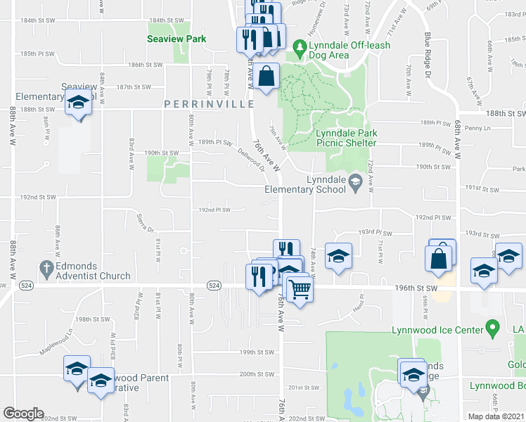 map of restaurants, bars, coffee shops, grocery stores, and more near 19226 76th Avenue West in Edmonds