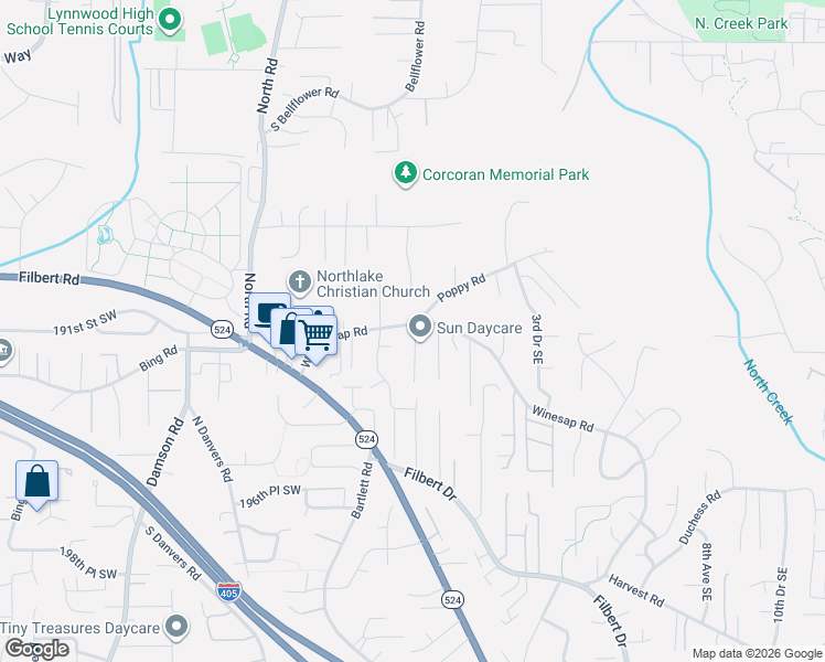 map of restaurants, bars, coffee shops, grocery stores, and more near 19112 Meridian Drive Southeast in Bothell