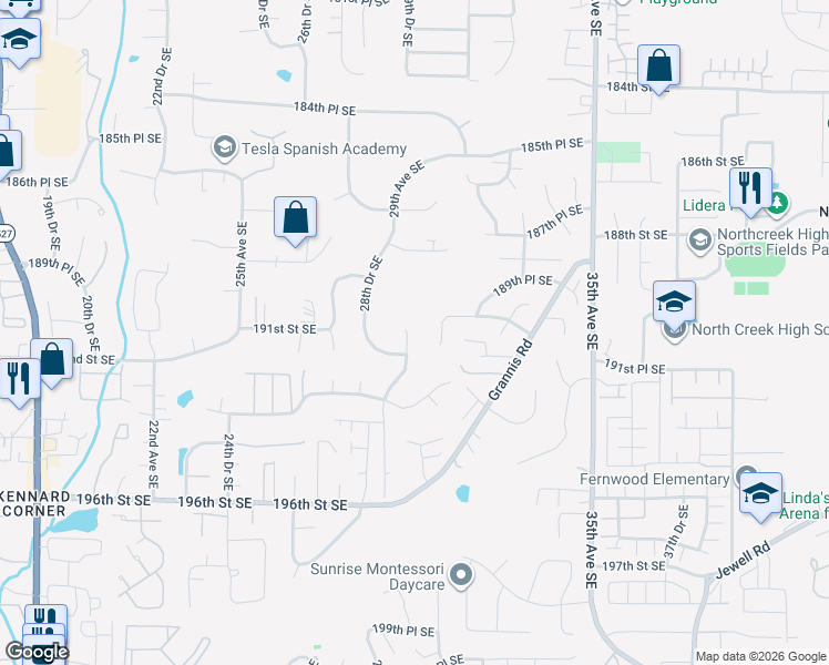 map of restaurants, bars, coffee shops, grocery stores, and more near 19033 29th Avenue Southeast in Bothell