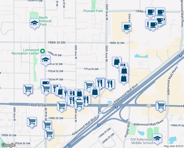 map of restaurants, bars, coffee shops, grocery stores, and more near 3727 192nd Street Southwest in Lynnwood