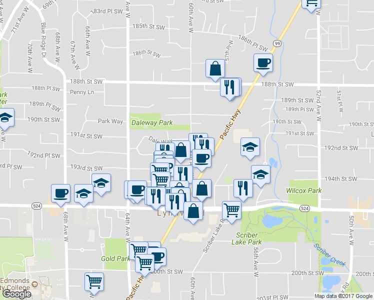 map of restaurants, bars, coffee shops, grocery stores, and more near 19207 Park Way in Lynnwood