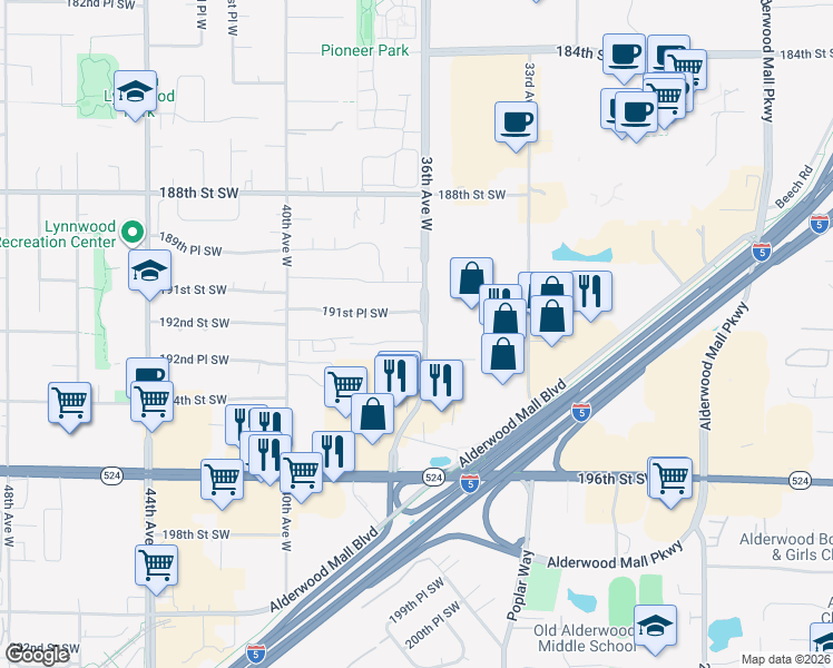 map of restaurants, bars, coffee shops, grocery stores, and more near 3603 192nd Street Southwest in Lynnwood