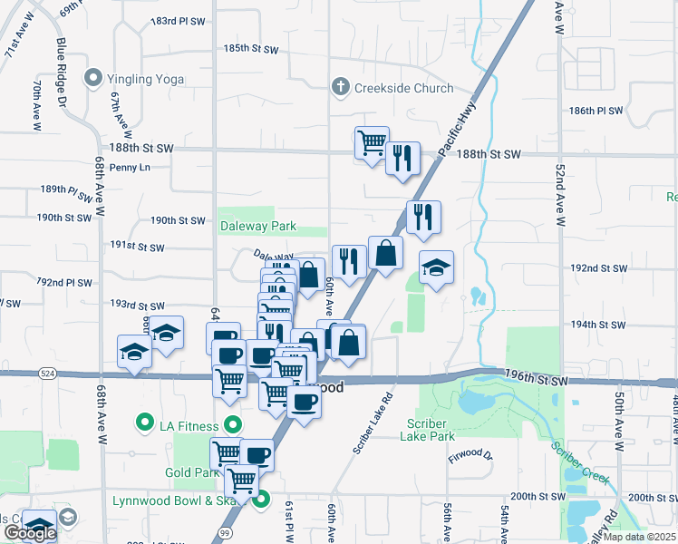 map of restaurants, bars, coffee shops, grocery stores, and more near 19207 Park Way in Lynnwood