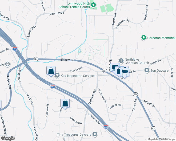 map of restaurants, bars, coffee shops, grocery stores, and more near 19120 6th Place West in Lynnwood