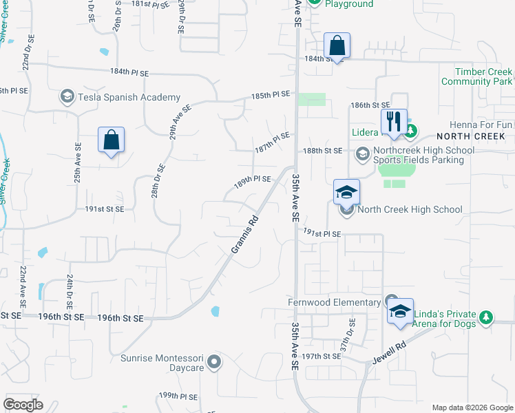 map of restaurants, bars, coffee shops, grocery stores, and more near 3309 191st Street Southeast in Bothell