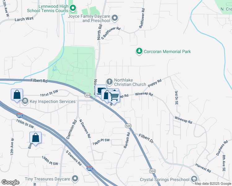 map of restaurants, bars, coffee shops, grocery stores, and more near 127 West Winesap Road in Bothell
