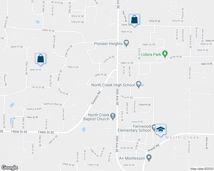 map of restaurants, bars, coffee shops, grocery stores, and more near 19011 Grannis Road in Bothell