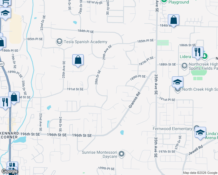 map of restaurants, bars, coffee shops, grocery stores, and more near 19033 29th Avenue Southeast in Bothell