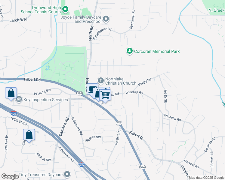 map of restaurants, bars, coffee shops, grocery stores, and more near 127 West Winesap Road in Bothell