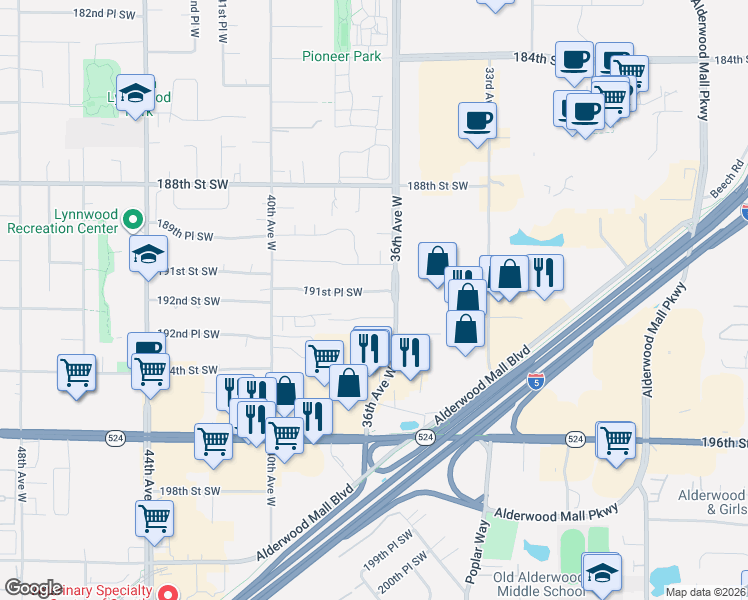 map of restaurants, bars, coffee shops, grocery stores, and more near 3623 192nd Street Southwest in Lynnwood
