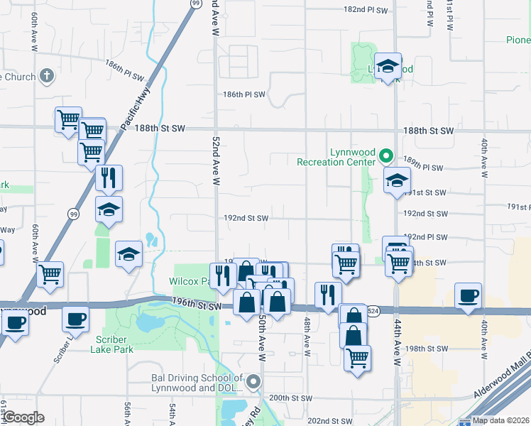map of restaurants, bars, coffee shops, grocery stores, and more near 5008 192nd Street Southwest in Lynnwood