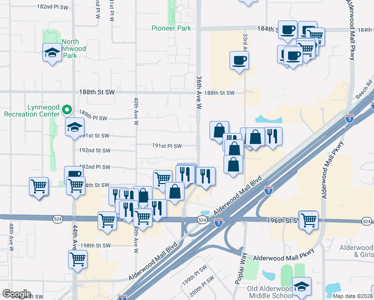 map of restaurants, bars, coffee shops, grocery stores, and more near 3623 192nd Street Southwest in Lynnwood