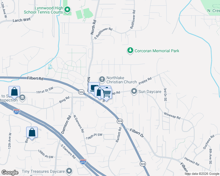 map of restaurants, bars, coffee shops, grocery stores, and more near 121 West Winesap Road in Bothell