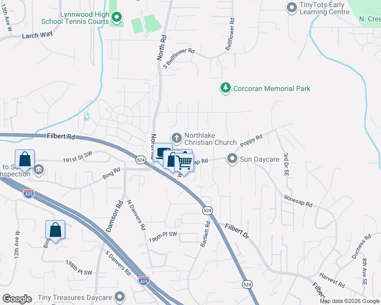 map of restaurants, bars, coffee shops, grocery stores, and more near 127 West Winesap Road in Bothell