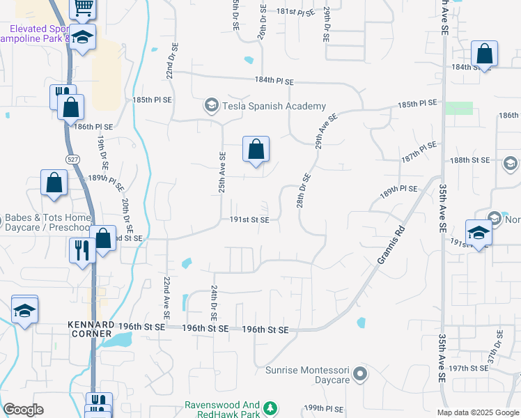 map of restaurants, bars, coffee shops, grocery stores, and more near 2612 191st Street Southeast in Bothell