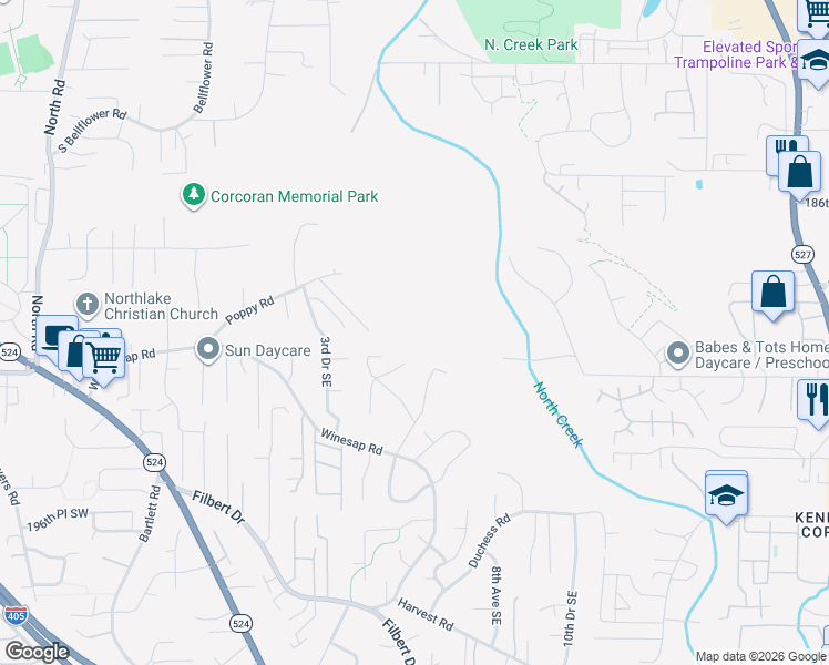 map of restaurants, bars, coffee shops, grocery stores, and more near 1307 192nd Place Southeast in Bothell