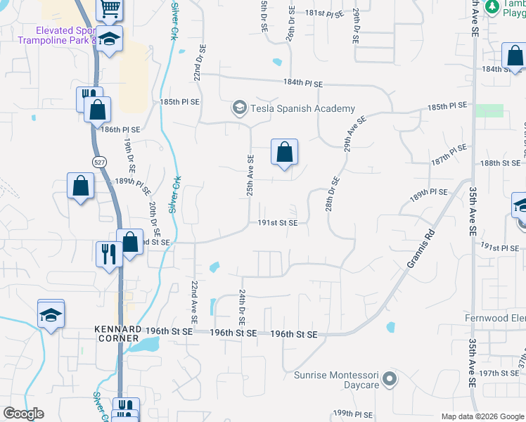 map of restaurants, bars, coffee shops, grocery stores, and more near 2508 191st Street Southeast in Bothell