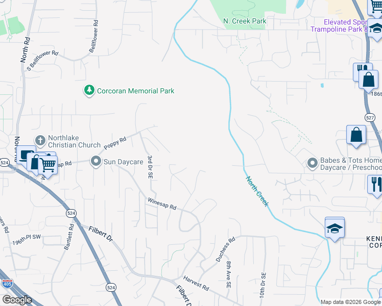 map of restaurants, bars, coffee shops, grocery stores, and more near 1307 192nd Place Southeast in Bothell
