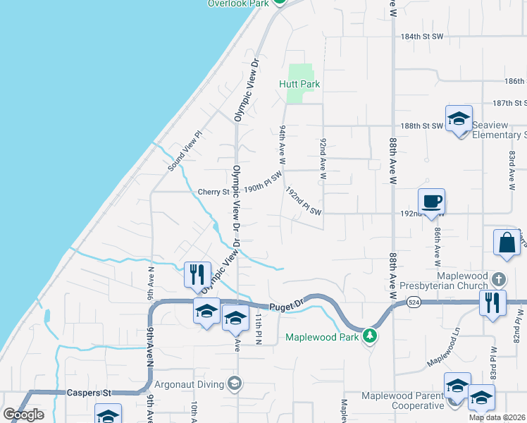 map of restaurants, bars, coffee shops, grocery stores, and more near 19124 94th Avenue West in Edmonds