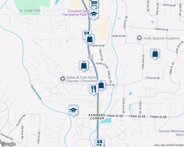 map of restaurants, bars, coffee shops, grocery stores, and more near in North Creek