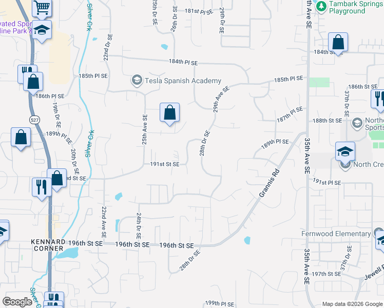 map of restaurants, bars, coffee shops, grocery stores, and more near 19109 27th Drive Southeast in Bothell