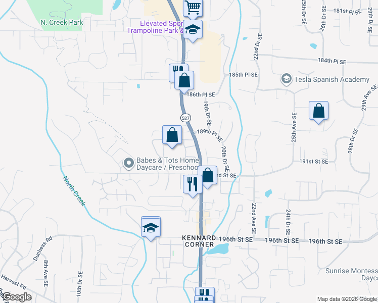 map of restaurants, bars, coffee shops, grocery stores, and more near in North Creek