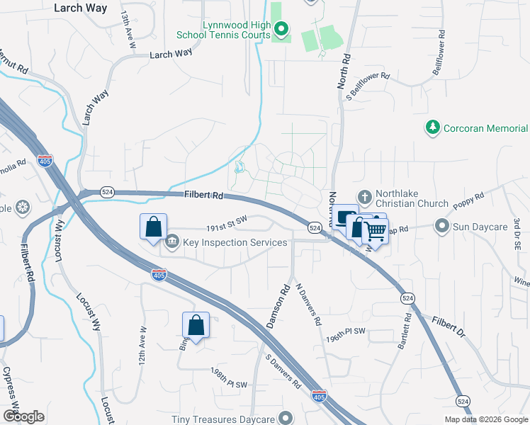 map of restaurants, bars, coffee shops, grocery stores, and more near 19120 6th Place West in Lynnwood