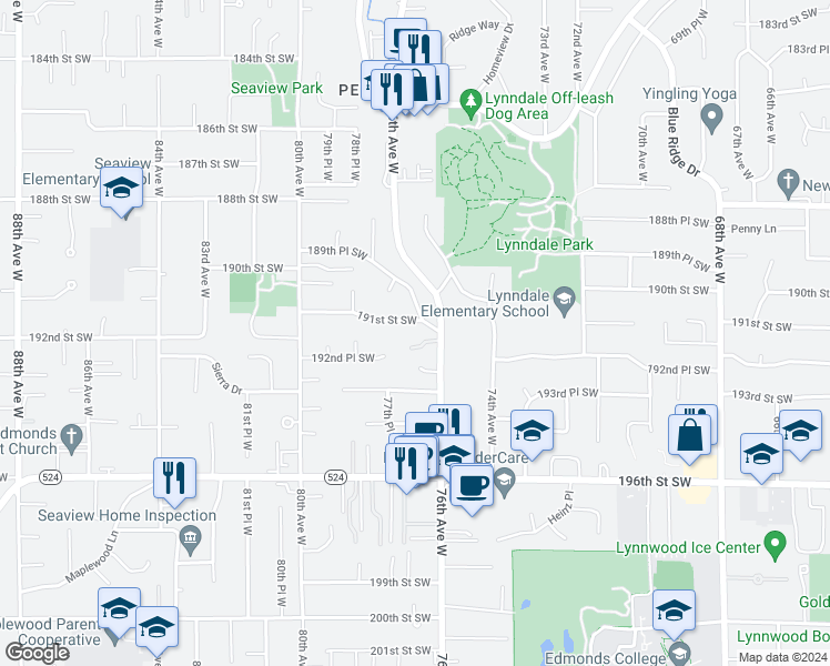 map of restaurants, bars, coffee shops, grocery stores, and more near 19226 76th Avenue West in Edmonds