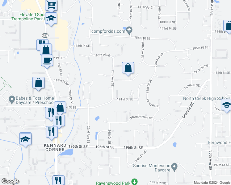 map of restaurants, bars, coffee shops, grocery stores, and more near 19007 25th Avenue Southeast in Bothell