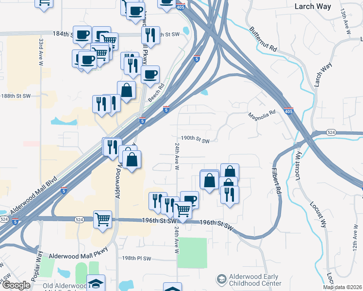 map of restaurants, bars, coffee shops, grocery stores, and more near 2323 190th Street Southwest in Lynnwood