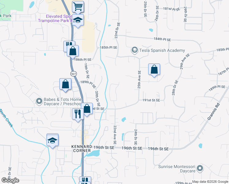 map of restaurants, bars, coffee shops, grocery stores, and more near 2201 192nd Street Southeast in Bothell