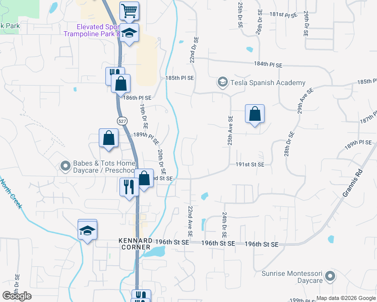 map of restaurants, bars, coffee shops, grocery stores, and more near 2201 192nd Street Southeast in Bothell