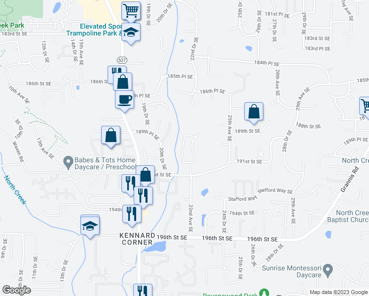 map of restaurants, bars, coffee shops, grocery stores, and more near 2201 192nd Street Southeast in Bothell