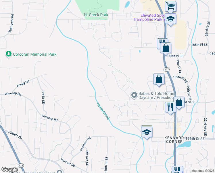map of restaurants, bars, coffee shops, grocery stores, and more near 18916 13th Avenue Southeast in Mill Creek