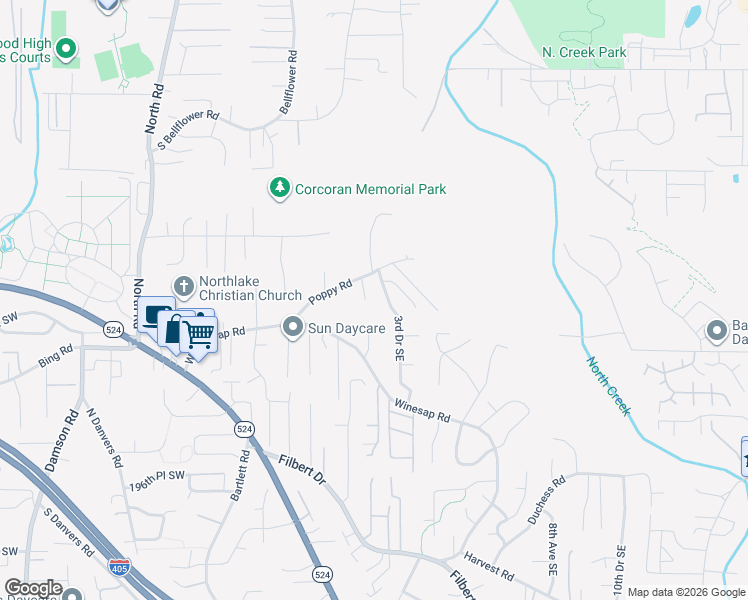 map of restaurants, bars, coffee shops, grocery stores, and more near 19002 2nd Avenue Southeast in Bothell