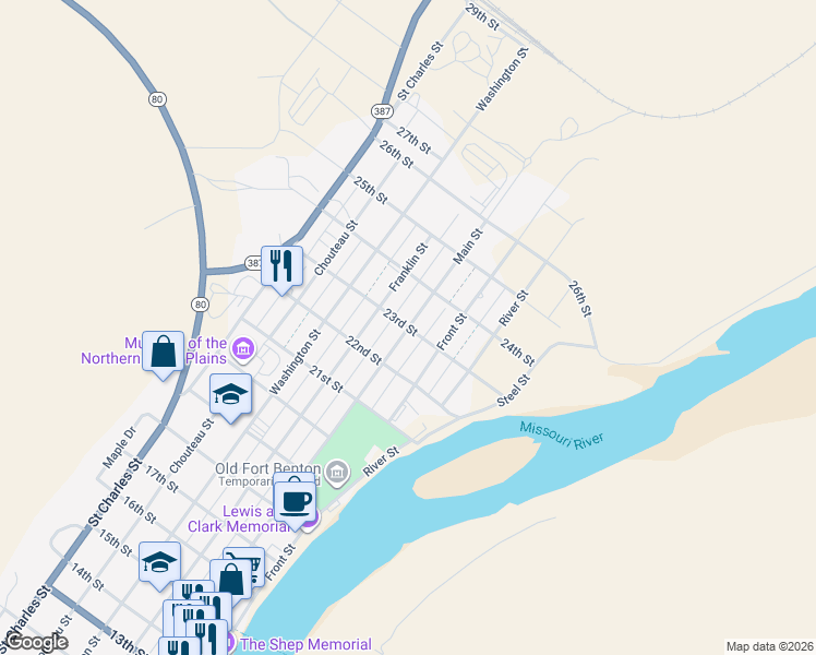 map of restaurants, bars, coffee shops, grocery stores, and more near 23rd Street in Fort Benton