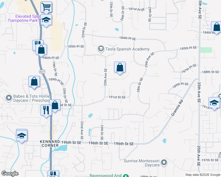 map of restaurants, bars, coffee shops, grocery stores, and more near 19003 25th Drive Southeast in Bothell